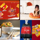 Clockwiserom top right: Cheez-It swag shop, woman lounging on DiGiornio pepperoni pizza floor pillow, Cheetos adult onesie, Lay's potato chips winter apparel, Doritos sweater, Panda Express honey sesame scented candle